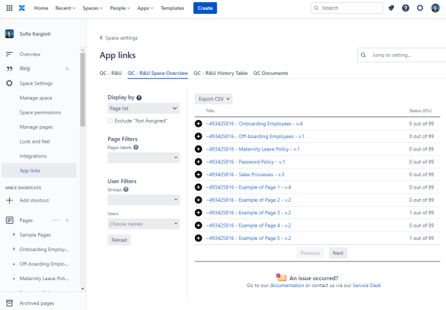 space overview by page list